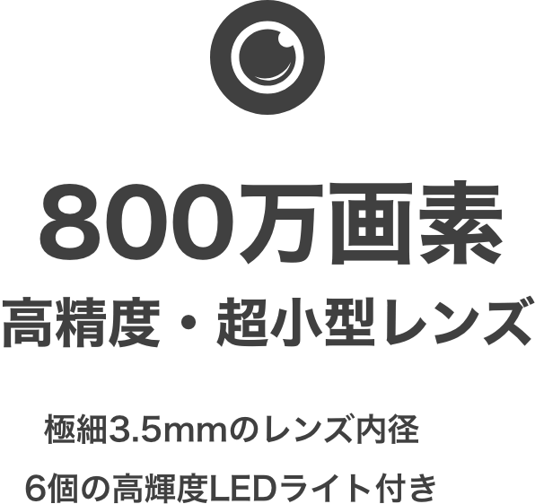 800万画素 高精度・超小型レンズ 極細3.5mmのレンズ内径 6個の高輝度LEDライト付き
